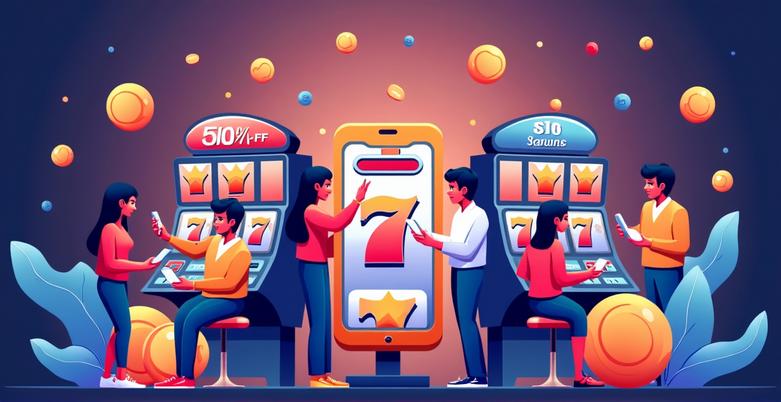 Mobile slot machine with coins and a smartphone